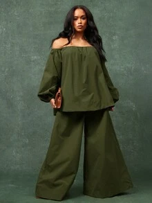 Vixey Top oversize de manga larga con hombros descubiertos y elástico - Verde Oliva - Ver 1