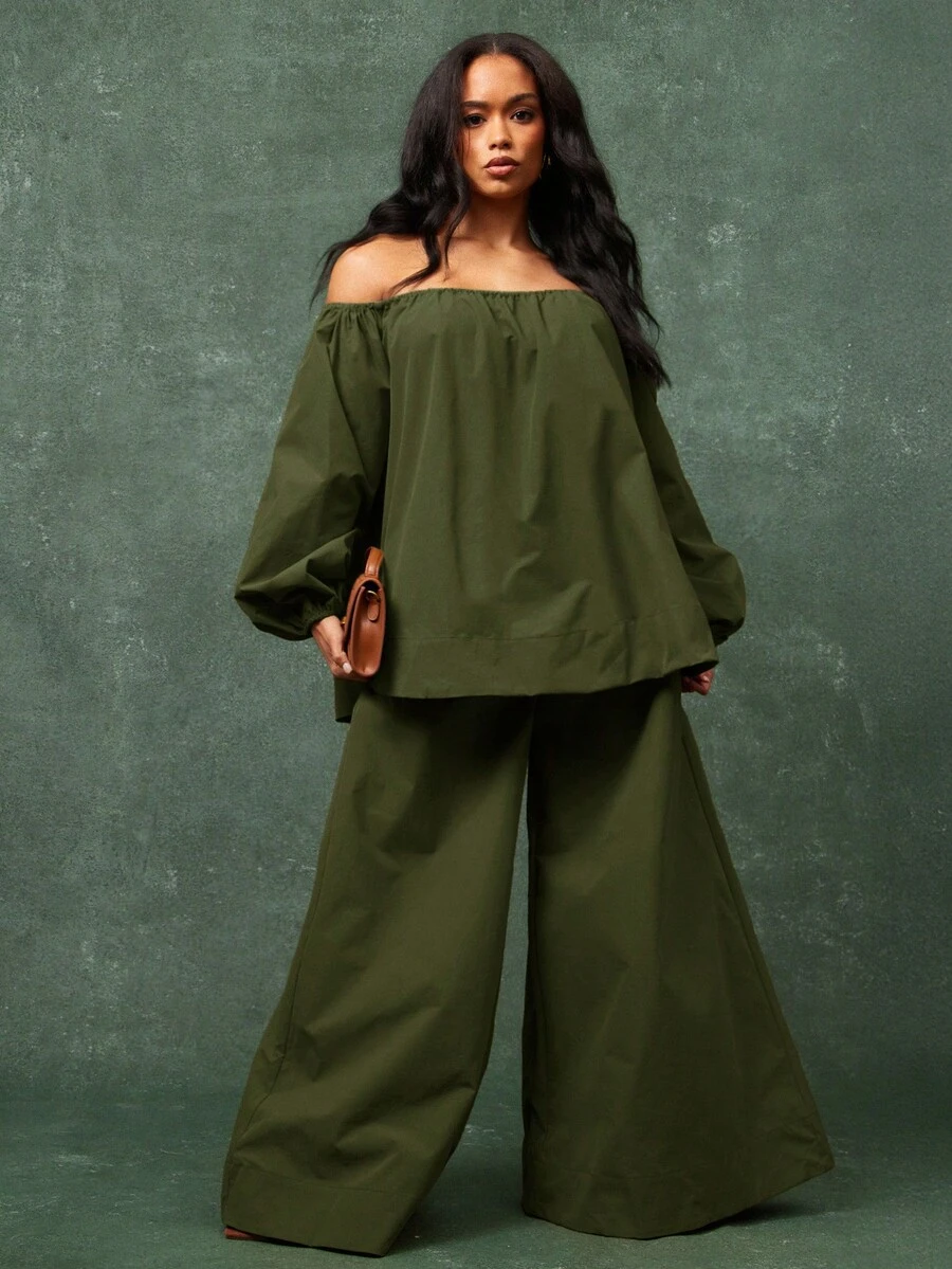 Vixey Top oversize de manga larga con hombros descubiertos y elástico - Verde Oliva - Ver 1