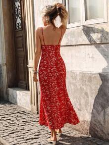 Pariaura 女士性感露背褶皱腰身鱼尾连衣裙，红色花卉印花，夏季假日 - 紅色 - 查看 2