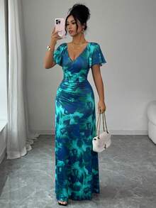 Elenzga 女士优雅花卉蓝绿色印花V领褶皱荷叶袖腰带休闲连衣裙，适合日常穿着、旅行、婚礼、度假、春夏穿着。 - 彩色 - 查看 8