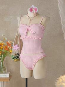 Swim Mod Dam baddräkt med rutigt tryck, volangkant och topp med trekantsunderdelar, tankini - Svart - Visa 5