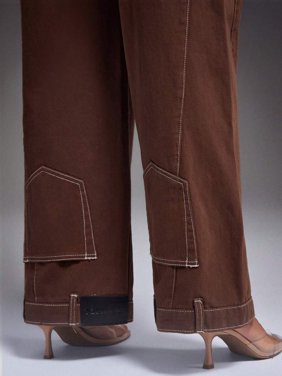 Denimoi Upside Down Pocket Wide Leg Pants Fashionable Streetwear Statement Pants - Brown - View 1