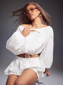 Denimoi 高品质圆领系带灯笼袖短款上衣，适合春夏穿着 - 白色 - 查看 2