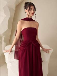Modelyn Women's Elegant Strapless Ruffle Trim Slim Fit Dress - Burgundy - View 5