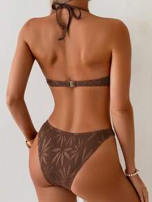 Oceva Women's Summer Vacation Lace Double-Layer Ring Detail Halter Bikini Set - Coffee Brown - View 2