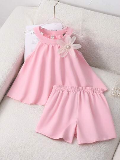 SHEIN Sparklyn 2pcs/Set Tween GirlsRhinestone Decor Round Neck Tank Top & Fashionable Pants