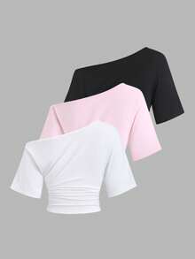 Sweetra 1 Set Camiseta de 3 piezas con hombros oblicuos, fruncidos y recogidos para mujer - Multicolor - Ver 2