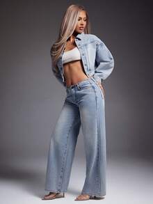 Denimoi Adjustable Cinched Waist Cropped Barrel Sleeve Denim Jacket Cropped Denim Jacket Fashionable - Light Wash - View 4