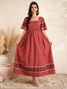Momance Maternity Bohemian Print Ruffle Sleeve Casual Elegant Dress - Multicolor - View 1
