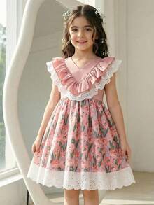 SHEIN 少女碎花V领荷叶边下摆休闲连衣裙 - 彩色 - 查看 7