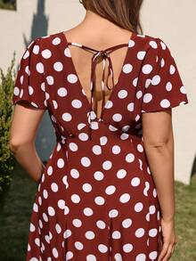 Juhart 大波点深V荷叶袖度假连衣裙 - 咖啡棕 - 查看 3