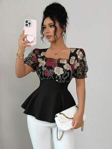 Elenzga Áo kiểu nữ thanh lịch cổ vuông, chất liệu lưới 3D thêu hoa hướng dương, eo thon, tay phồng, phù hợp cho các buổi hẹn hò, kiểu dáng chữ A tinh tế và nhẹ nhàng. - màu đen - Xem 5