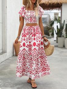 Breezaya Women's Summer Vacation Allover Print Ruffle Hem Crop Top And Mini Skirt 2 Pieces Set - Red and White - View 4