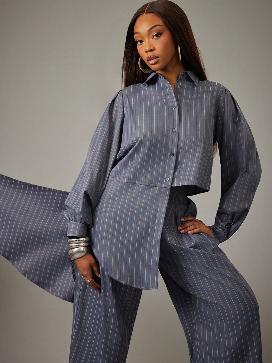 NYA SZN Mallory Matching Set Top And Pant Long Sleeve Oversized Loose Balloon High Rise Baggy Buttons Collar Drape Detail High Low Business Casual Event Everyday Wedding Brunch Office Holiday Teacher Striped Outfits For Women - Black - View 1
