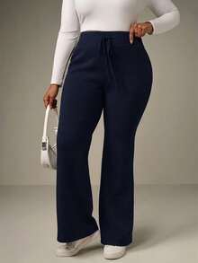 SHEIN Tall CURVE 大码休闲低腰抽绳弹力运动裤喇叭裤保暖内衬复合绒面料运动裤，适合秋冬季穿着 - 藏蓝色 - 查看 5