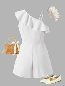 SHEIN Sparklyn Elegant Asymmetric Ruffle Design Metal Button Jumpsuit, Suitable For Teen Girls, Spring/Summer, Commuting - White - View 8