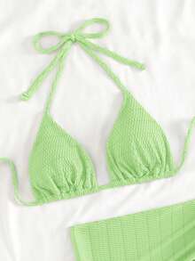 Swim Mod Solid Color Halter Tie Front Bikini Set With Tie Waist Skirt - Green - View 4