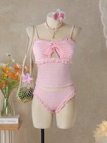 Swim Mod Dam baddräkt med rutigt tryck, volangkant och topp med trekantsunderdelar, tankini - Svart - Visa 4