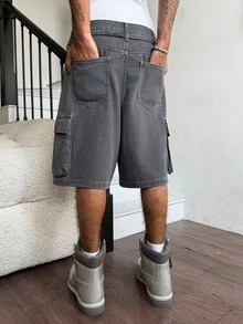Manfinity EMRG 男士休闲多口袋抽绳腰灰色牛仔短裤，街头风 - 深灰色 - 查看 2