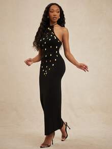 NYA SZN Dress Halter Neck Sleeveless Thin Strap Sequin Gold Fitted Bodycon Grey Festival Holiday Carnival Cool Girl Eve Easter Valentine's Day Winter Spring Summer Knit Knitwear Event Party Date Luxury Maxi Length Outfits For Women - Black - View 4