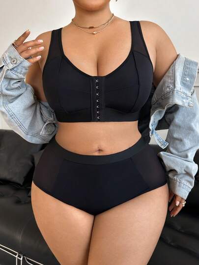 2件套加大码女士网纱拼接前扣文胸内裤套装