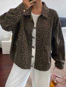 DAZY Women's Leopard Print Drop Shoulder Single-Breasted Casual Denim Jacket - Brown - View 4