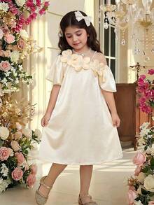 1pc Girls Casual Loose Fit Satin Slip Dress, Sleeveless Floral Neck Design, Elegant & Vintage Style, Suitable For Summer - Champagne - View 3