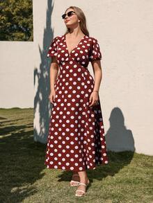 Juhart 大波点深V荷叶袖度假连衣裙 - 咖啡棕 - 查看 5