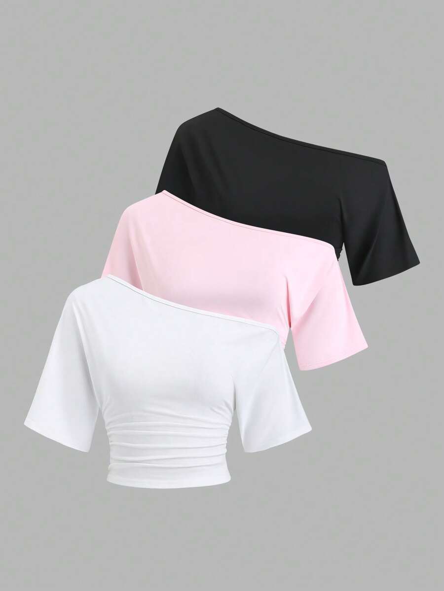 Sweetra 1 Set Camiseta de 3 piezas con hombros oblicuos, fruncidos y recogidos para mujer - Multicolor - Ver 1