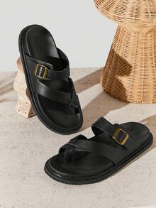 SHUZIA #ComfortCraft Men's Buckled Toe-Loop Cross-Strap Soft-Footbed Premium Faux Leather Black Thong Slide Sandals – Supportive, Minimal & Versatile - Black - View 6