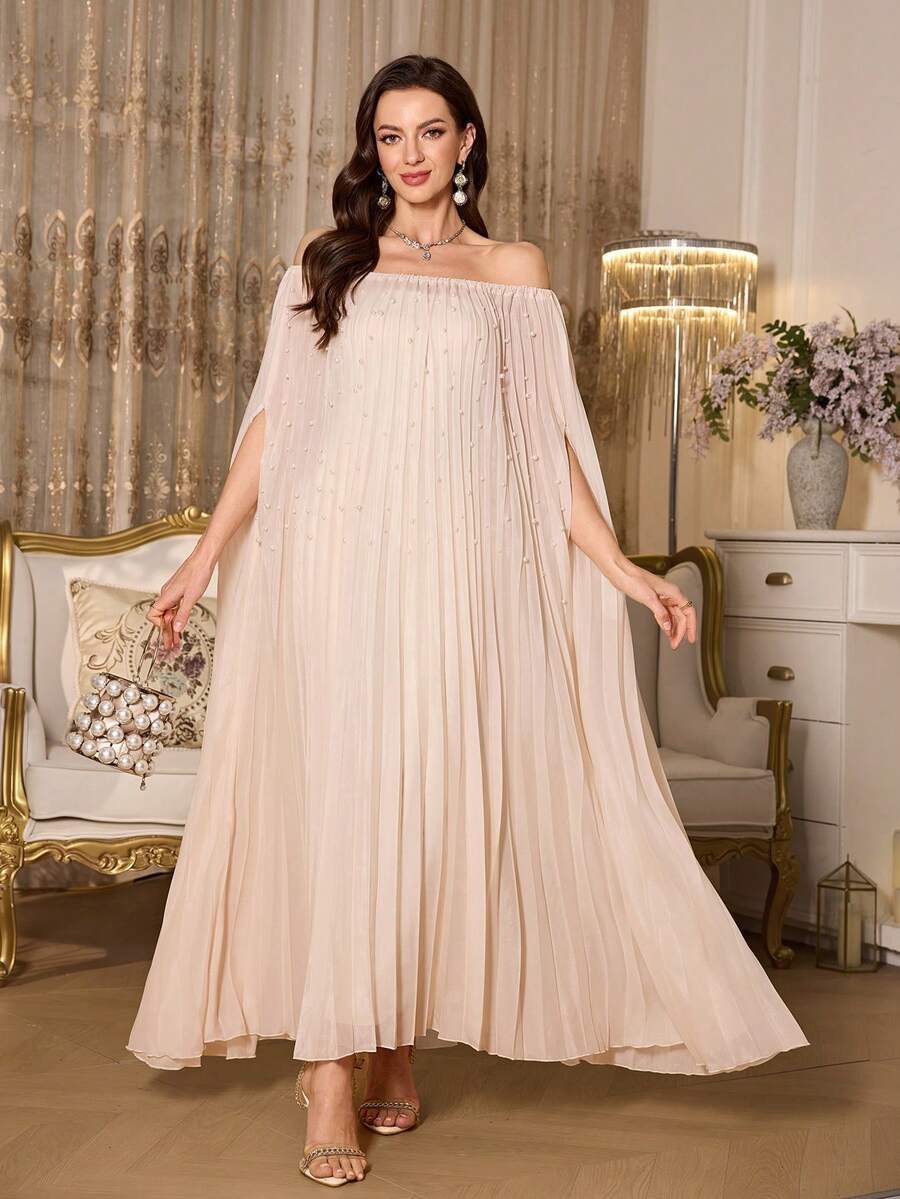 SHEIN Elenzya Conjunto de 2 peças com ombros à mostra, com pérolas artesanais e pregas plissadas, elegante, tamanho padrão feminino - Damasco - Visão 1