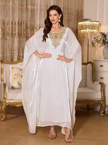 SHEIN Elenzya Women's Elegant Embellished Collar Solid Color Shiny Sequin Dress - White - View 5