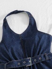 SHEIN Vestido Denim Sem Costas com Alça de Amarrar para Meninas Pré-Adolescentes/Adolescentes, Vestido de Férias, Vestido Casual, Estilo Retrô, Roupa de Balada, Streetwear, Vestido para Chá da Tarde, Estilo Y2K, Roupa de Férias, Roupa de Aeroporto, Mini Saia Denim, Volta às Aulas, Estilo Vintage. Vestido de Verão, Saia Denim/Vestido Denim/Saia Denim - Azul - Visão 4