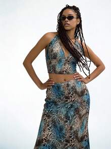 Slouenne Slouenne 女士V领吊带背心和豹纹半身裙两件套 - 藍色 - 查看 4