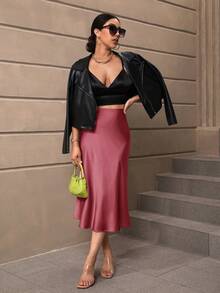 SHEIN PETITE CURVE Chân váy chữ A thanh lịch, màu trơn, cỡ lớn, phù hợp cho công sở - Gỗ đỏ - Xem 5