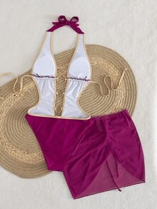 Swim Vcay Summer Vacation Sexy Fashion Tie-Dye Hollow Deep V-Neck One-Piece Swimsuit And Detachable Drawstring Mesh Cover-Up Skirt 2-Piece Swimsuit Set - Multicolor - View 2