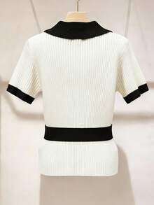 GlowEve Nueva blusa de punto casual con bajo asimétrico de colores contrastantes, estilo europeo y americano - Blanco y Negro - Ver 2
