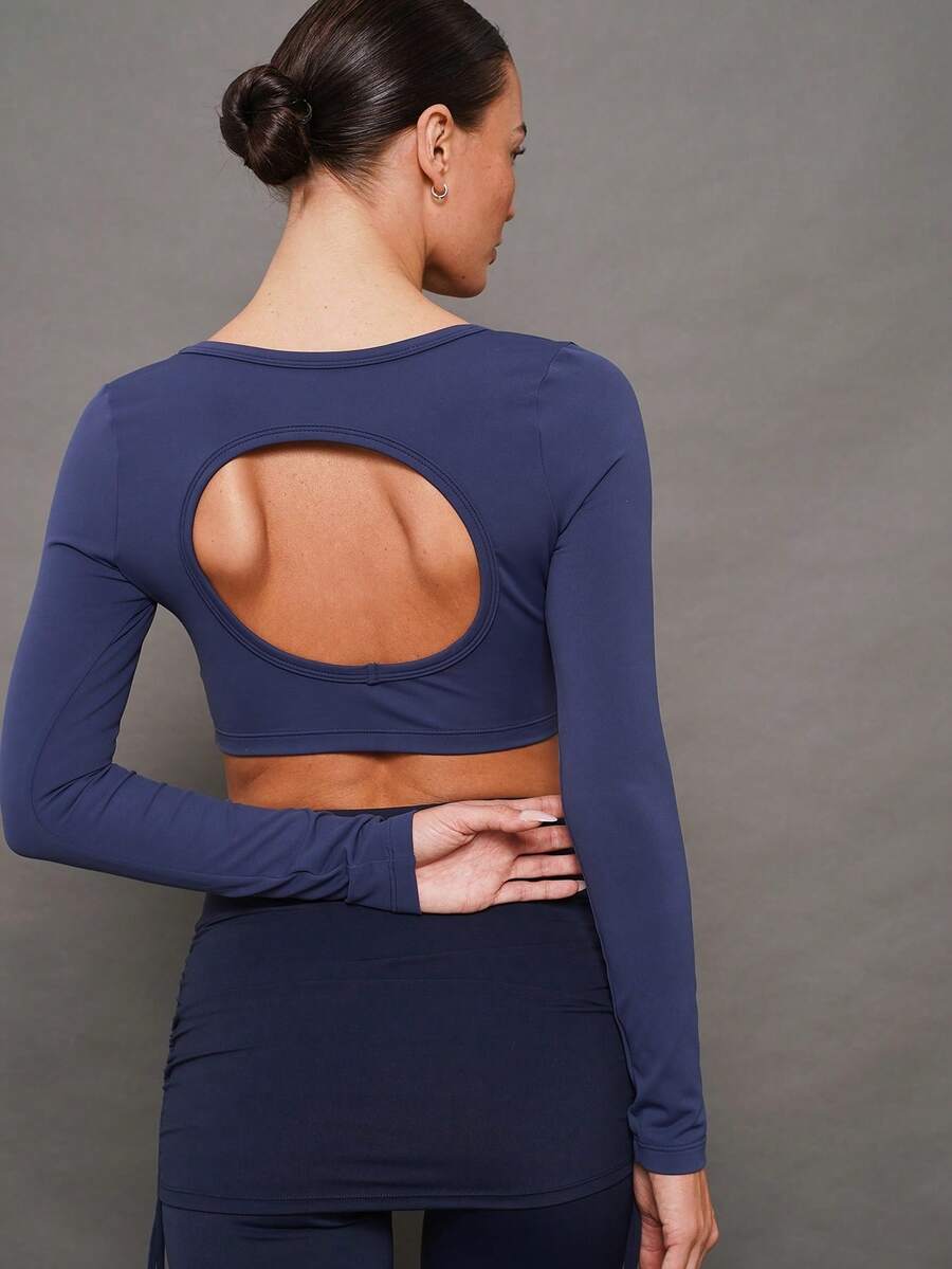 Activina Maglietta sportiva a maniche lunghe, aderente, con scollo a barca, di colore unito, alla moda - Blu - Visualizzare 1