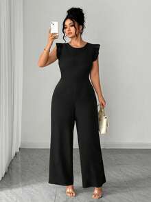 SHEIN Elenzya Women's Round Neck Backless Leopard Print Tie Waist Flutter Sleeve Jumpsuit, Casual/Holiday/Date/Commute Loose Wide Leg Pants Women's Jumpsuits Elegant Jumpsuits Palazzo Jumpsuit Sleeveless Jumpsuit Black Jumpsuit Flare Jumpsuit - Black - View 7