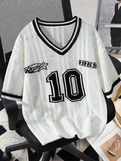 Manfinity Hypemode Men's Contrast Trim V-Neck Letter Print Casual Short Sleeve Knit Top, Comfortable Breathable Lightweight Knit Top For Casual Wear, Suitable For Vacation And Valentine's Day