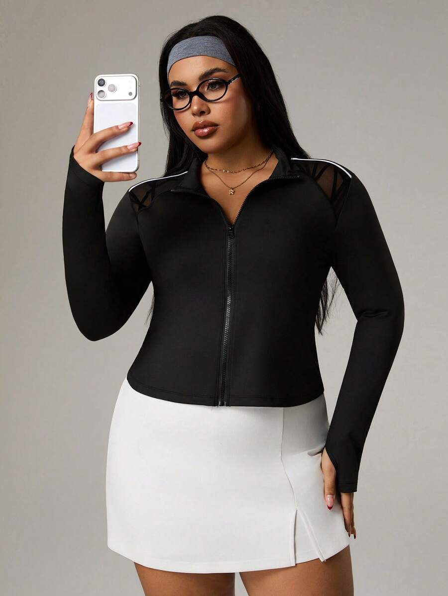 SHEIN Sports Veste de mode sportive grande taille, cardigan manche longue ajusté avec trou pour le pouce, patchwork asymétrique en maille floquée et blocs de couleurs - Noir - Voir 1