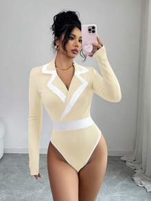 SHEIN Elenzya Standard Size Women's Black & White Patchwork Elegant Bodysuit - Apricot - View 3