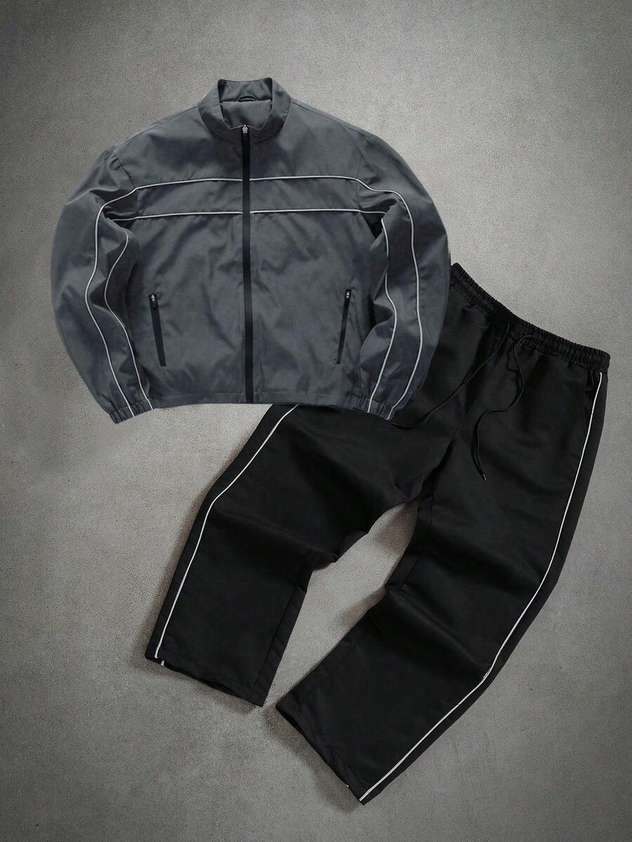 PAVTROS Ensemble de veste décontractée polyvalente à zip pour homme, ensemble 2 pièces pour homme, ensemble survêtement sport pour homme, ensemble jogging pour homme - Gris foncé - Voir 1