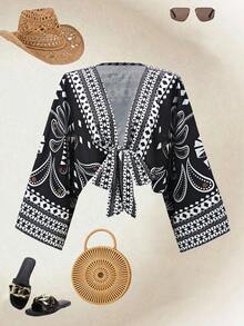 Swim Oasis Women's All-Over Print Knotted Casual Vacation Kimono Cover Up - Black - View 1