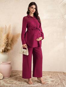 SHEIN Maternity Solid Color Contrast Lace Long Sleeve Button-Up Shirt And Pants Elegant 2-Piece Set - Burgundy - View 6
