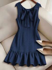 GlowEve CURVE Women's Woven Backless Tie Neck Sleeveless A-Line Ruffle Hem Casual Mini Dress, Suitable For Leisure, Vacation And Daily Wear Navy Blue Dress Ruffle Hem Dress Elegant Dress Dark Blue Dress Sleeveless Dress Navy Blue Elegant Dress Drop Waist Dress Peplum Dress - Navy Blue - View 2