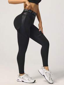 Slayform 黑色字母印花紧身瑜伽裤 - 黑色 - 查看 4