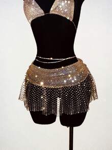 SHEIN Jeanoir Women's Sexy Mini Skirt, Fishnet Inlaid With Rhinestones, Shiny And Suitable For Party Outfits - Champagne - View 6