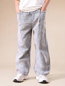 SUMWON Boys Relaxed Fit Light Wash Denim Jeans With Cargo Pockets Elastic Waist Casual Wide Leg Pants For Everyday Comfort Vacation - Grey - View 4