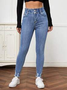 SHEIN LUNE Mid-Rise Paper Bag Waist Casual Everyday Jeans - Medium Wash - View 5